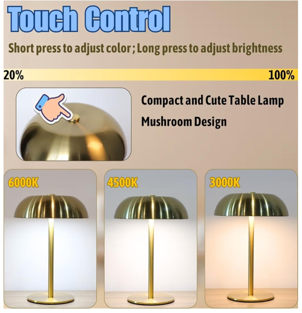 Portable LED Mushroom Table Lamp, Cordless Desk Night Light with 5200mAh Rechargeable Battery (Silver)