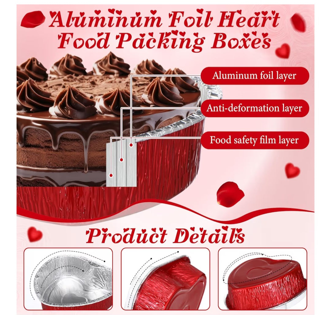 Red Heart Shaped Aluminum Foil Disposable Pans with Lids 7.4" (5 Pieces)