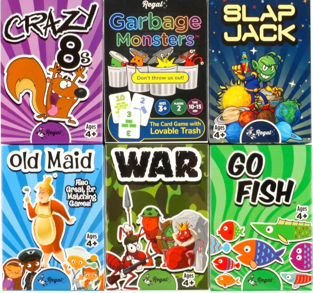 Classic Card Games for Kids - Go Fish, Crazy 8's, Old Maid, Slap Jack, Garbage Monsters, War (Pack of 6)