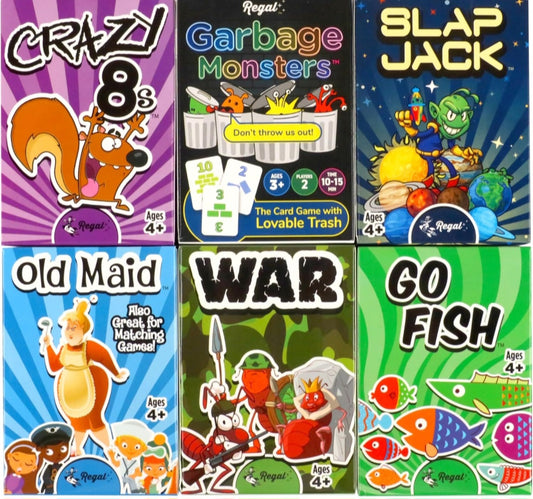 Classic Card Games for Kids - Go Fish, Crazy 8's, Old Maid, Slap Jack, Garbage Monsters, War (Pack of 6)