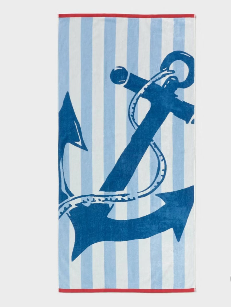 Anchor Nautical Blue Striped Oversized Beach Towel