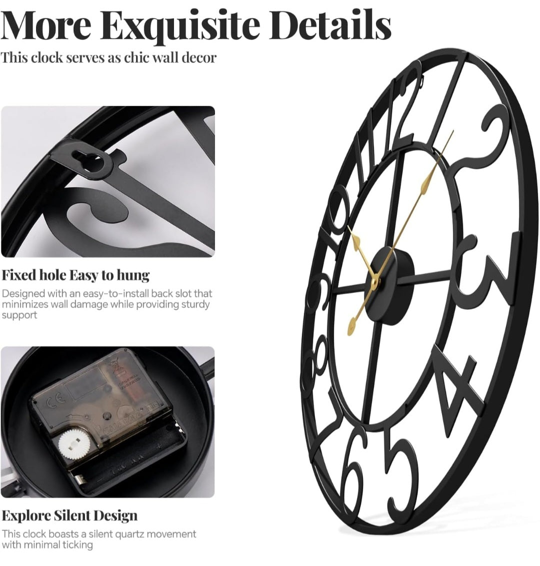 Cuspin Large Black Wall Clock, 24 Inch