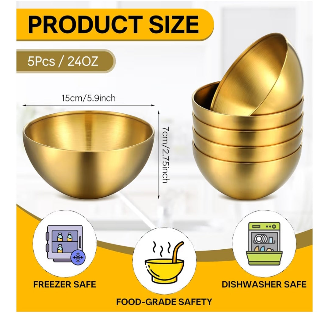 HOFURME 5 Pcs (5.9 Inch) Gold Mixing Bowls,Metal Stainless Steel Bowls