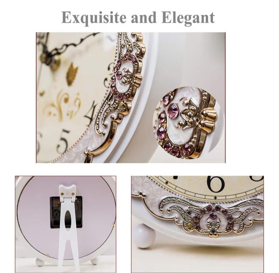 8c Vintage Table Clock Non-Ticking European Style Battery Operated, Silent Quartz Movement