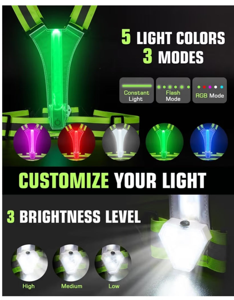 9h LED Reflective Vest with Chest Light 500LM, 5 RGB Colors High Visibility Rechargeable Light