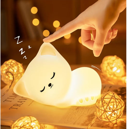 Kawaii Room Decor Cat Night Light for Kids,16 Colors Cat Lamp,Dimmable Night Light, Silicone and Rechargeable