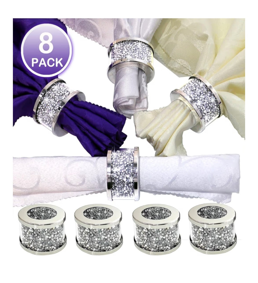 6c Crystal Glass Diamond Napkin Rings. Pack of 8 Pieces